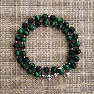 GREEN TIGERS EYE NECKLACE W/ 925 SILVER SKULL--24"